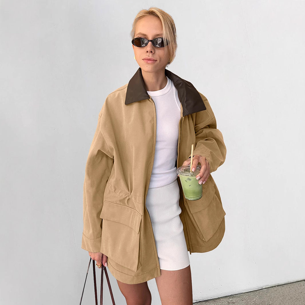 Women's Khaki Lapel Trench For French Style Design Coats