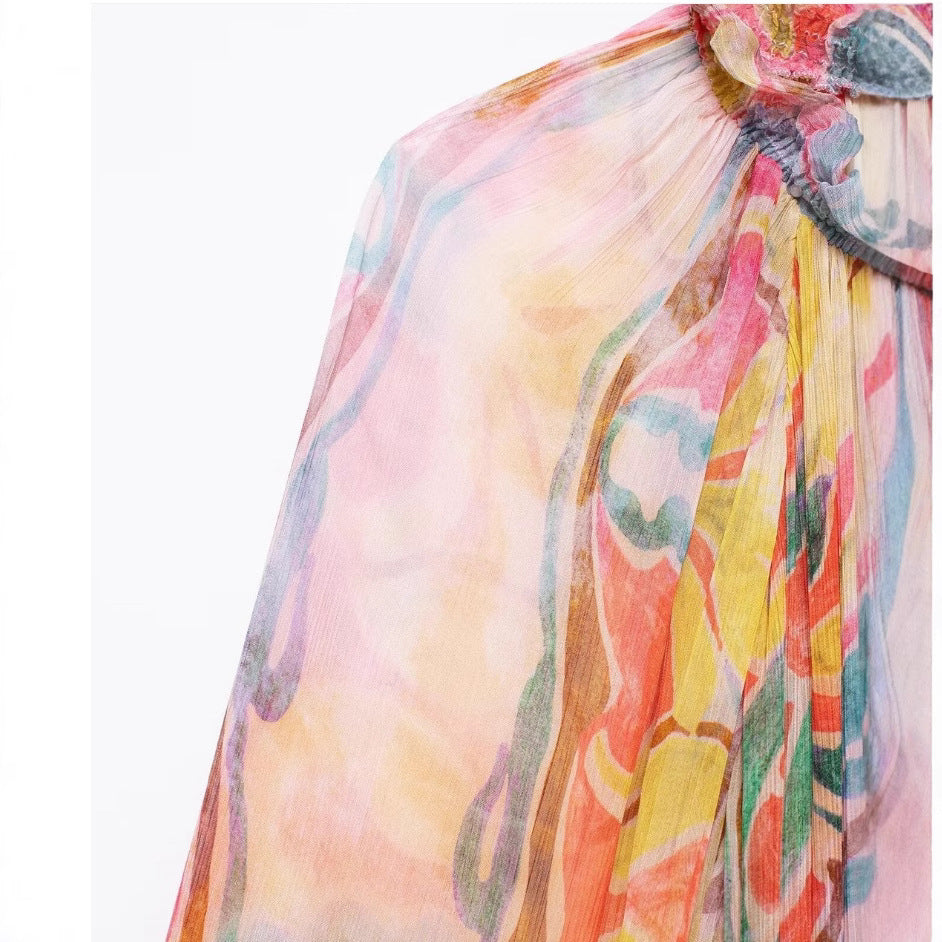 Women's Loose Series Printed Long Sleeve Midi Dresses