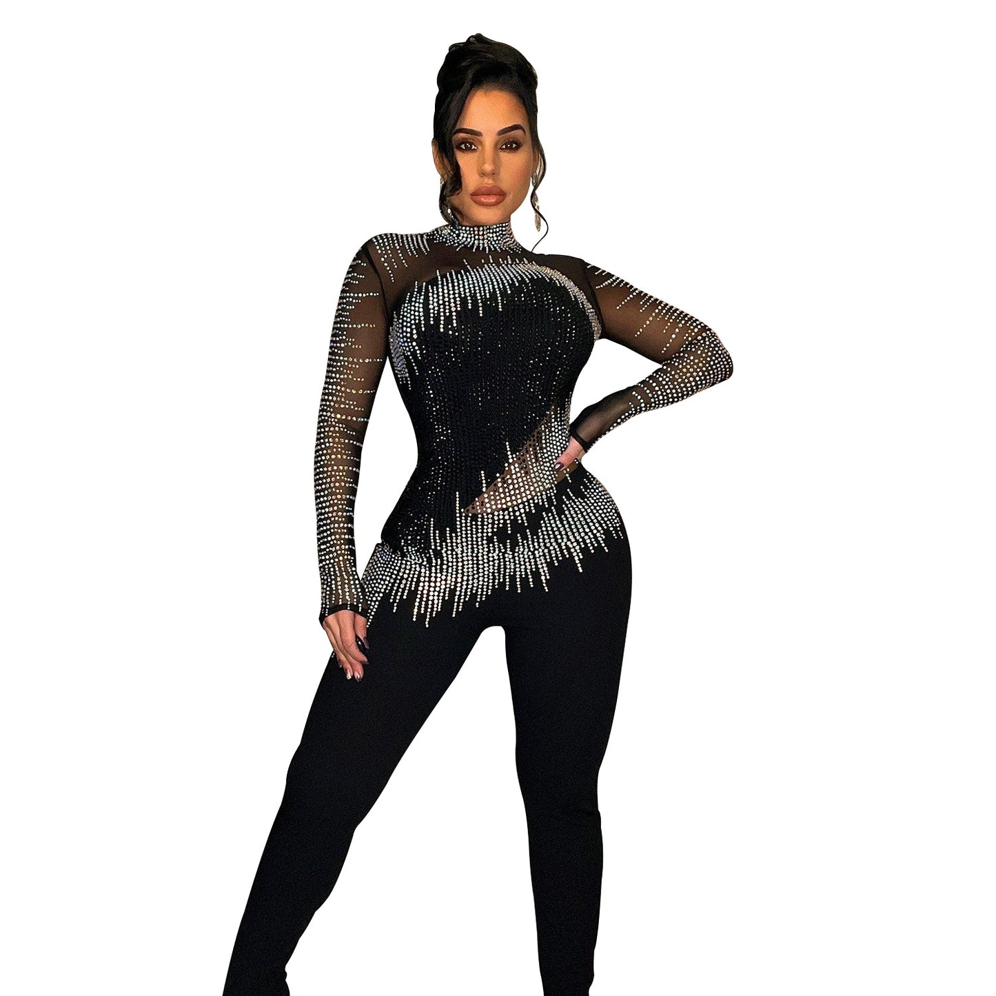 Women's Fashion Wear Pure Color Mesh Rhinestone Suits