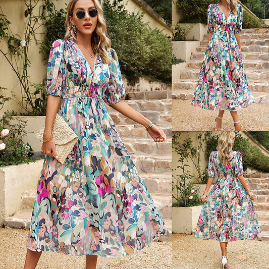 Women's Summer Sleeve Temperament Chiffon Printed Dress Dresses
