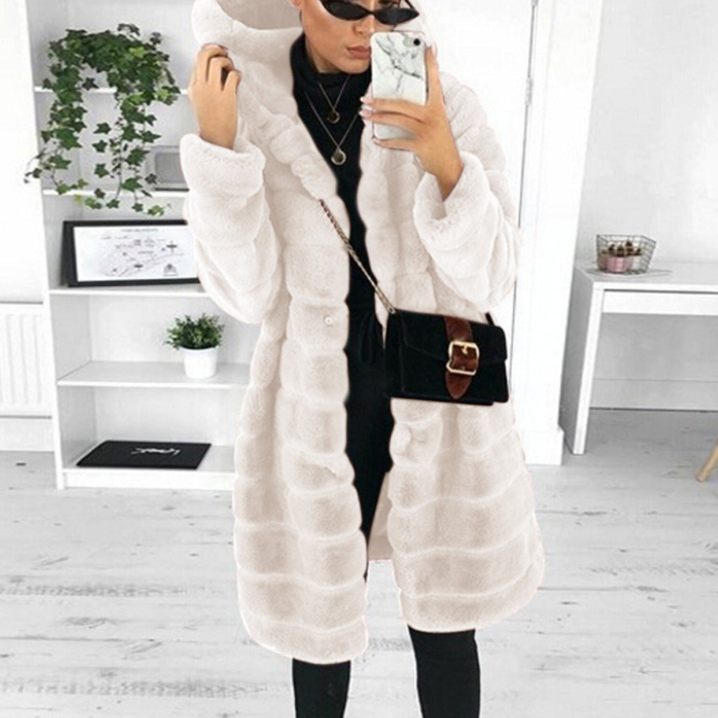Women's Solid Color Plush Hooded Mid-length For Coats