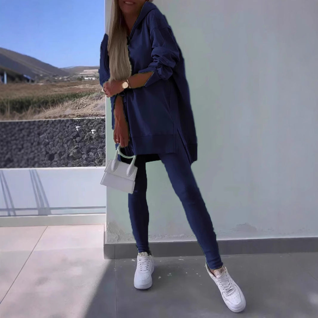 Women's Sports Casual Slit Hooded Tights Two-piece Suits