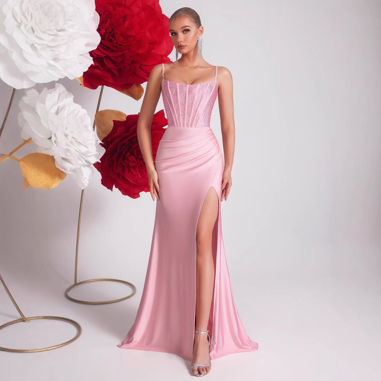 Pink Sling Fishbone Light Luxury Rhinestone Waist Slit Fishtail Dress