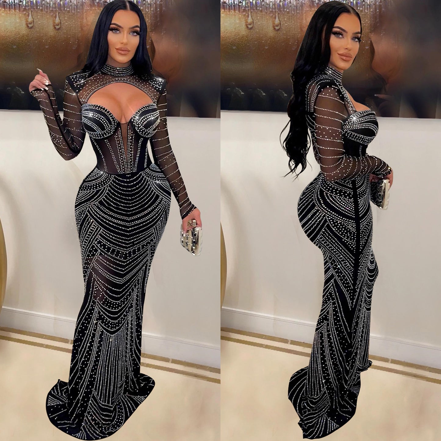 Women's Wear Solid Color Rhinestone Mesh Long Dresses