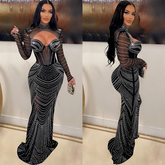 Women's Wear Solid Color Rhinestone Mesh Long Dresses