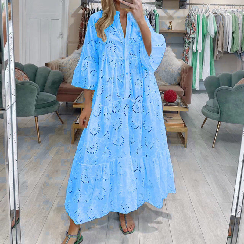 Women's Style Bell Sleeve Lace Solid Color Sexy Long Dresses