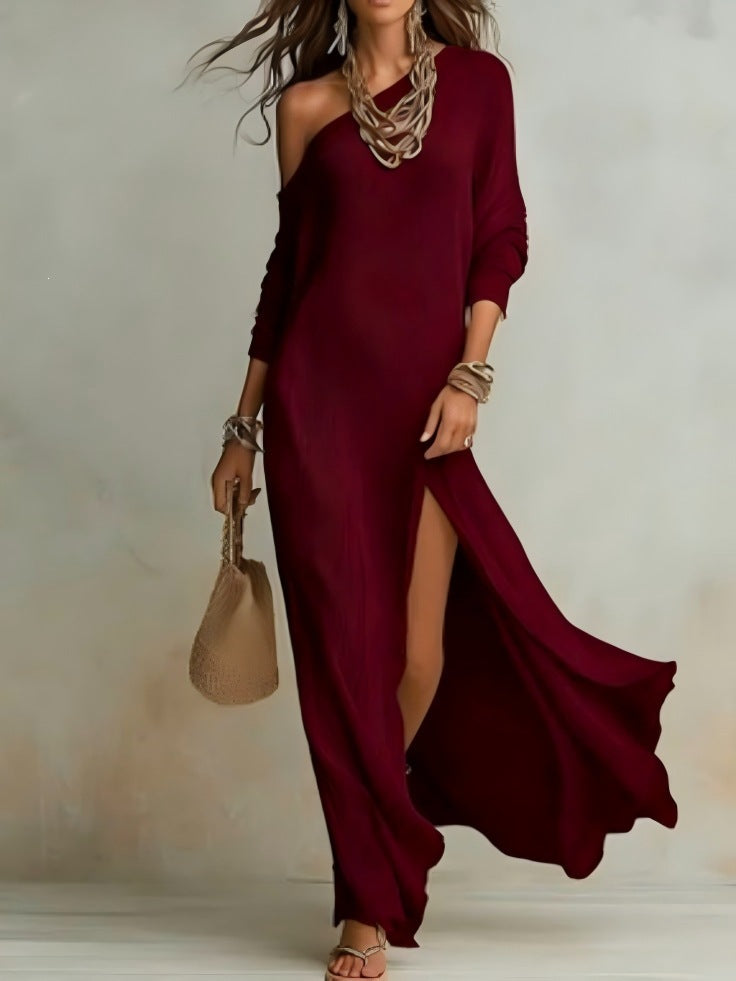Women's Summer Elegant Long-sleeved Knitted Fold Split Dress