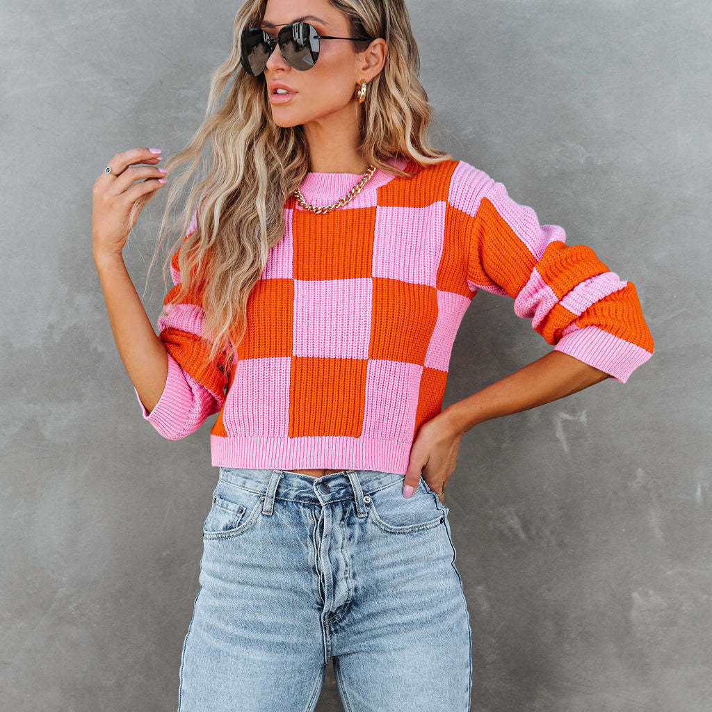 New Graceful Spring Chessboard Plaid Stitching Sweater