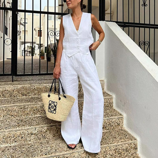 Women's Linen Sleeveless Waistcoat Trousers Two-piece Set Suits
