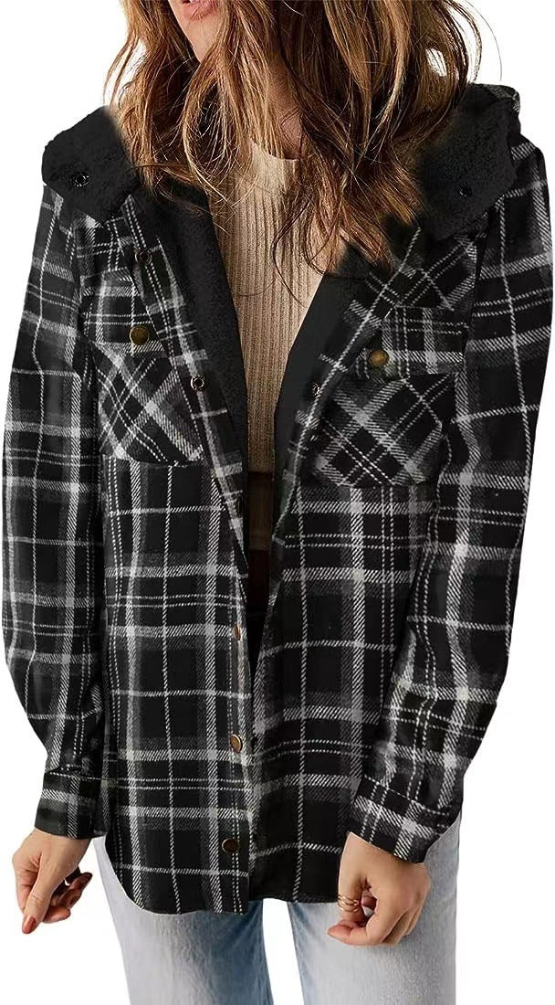 Women's Long-sleeved Plaid Woolen Hooded Lamb Wool Sweaters