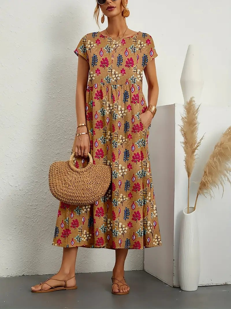 Women's Cotton Linen Sleeveless Round Neck Printed Dresses