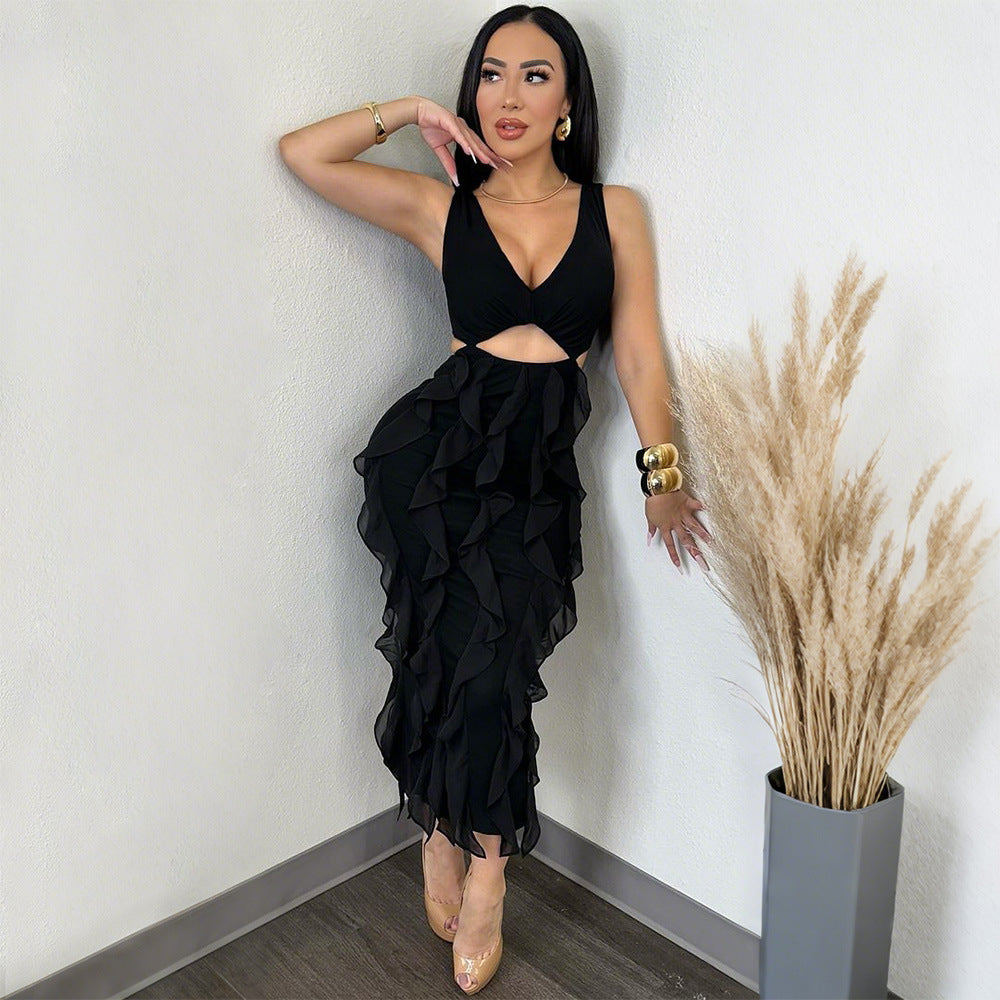 Women's Sexy Sleeveless Cut-out Ruffled Pure Color Dresses