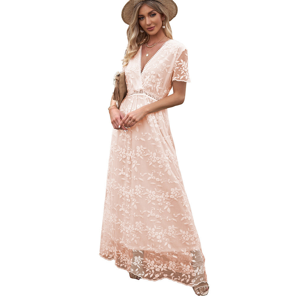 Women's Summer Lace Crocheted Dress Solid Color Clothing