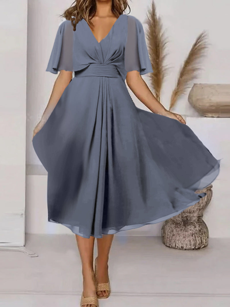 Summer Fashion Solid Color Waist Trimming Dresses