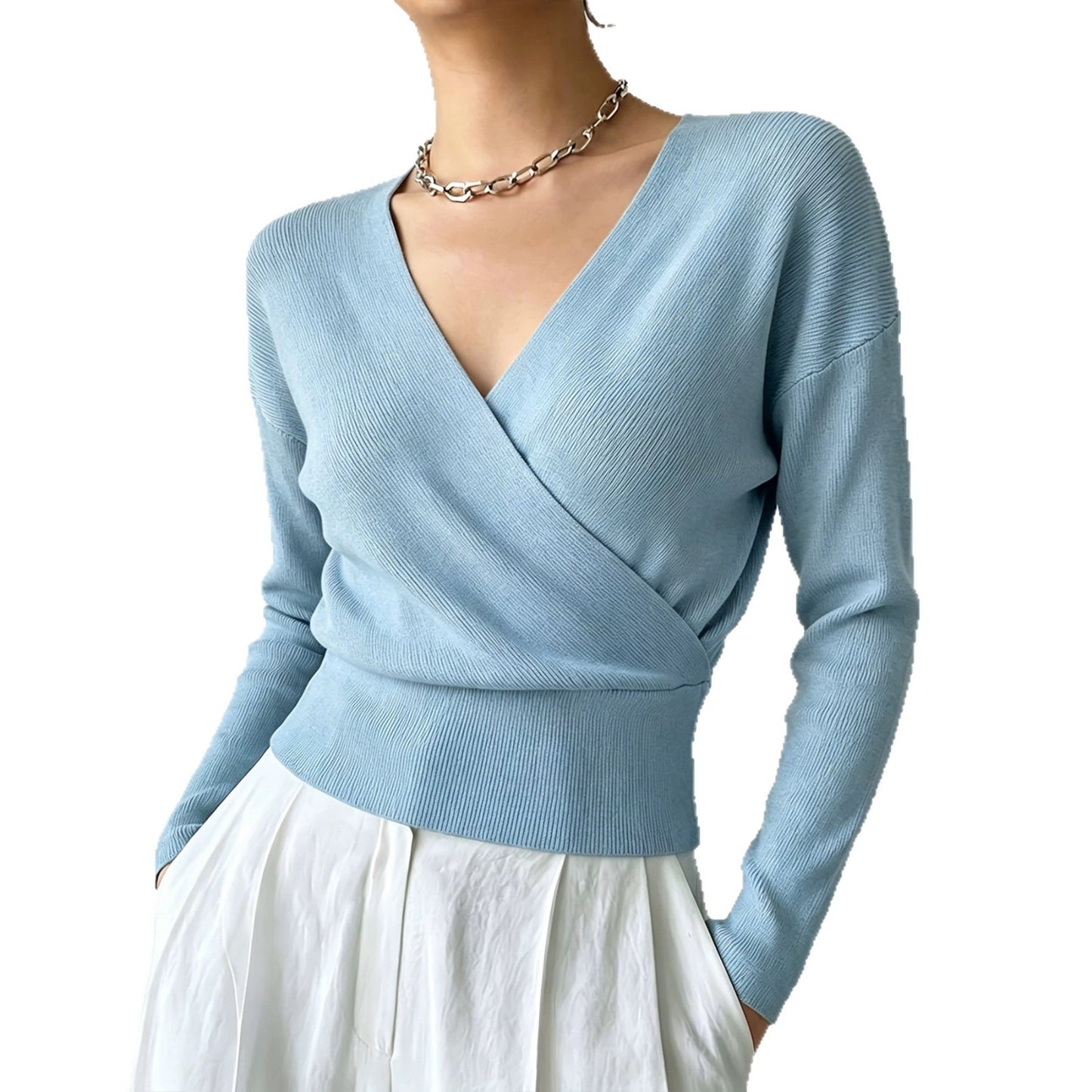 Women's Solid Color Fashion Cross Collar Tight Waist Design Show Figure Sweaters