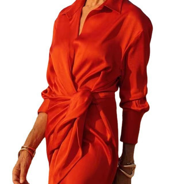Women's Lace Up High Waist Slit Mop Long Sleeve Dress