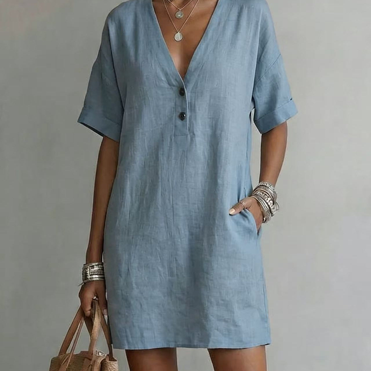 Summer Casual Comfortable Button Cotton Linen Dress