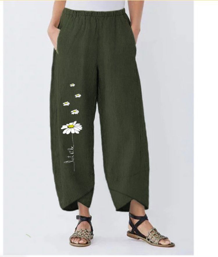 Women's Linen Cartoon Daisy Print Elastic Waist Pants