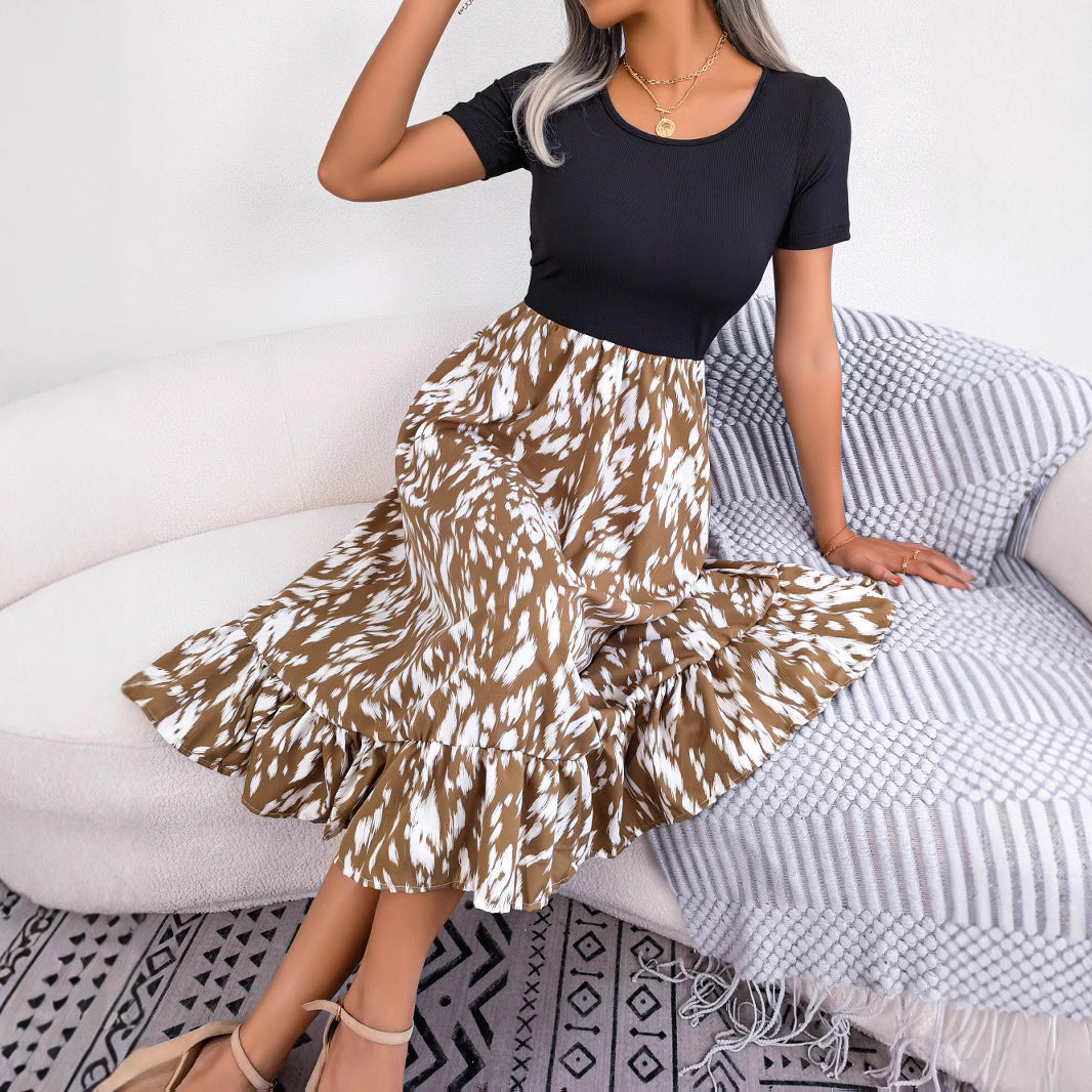 Women's Casual Leopard Print Ruffled Midi Dress
