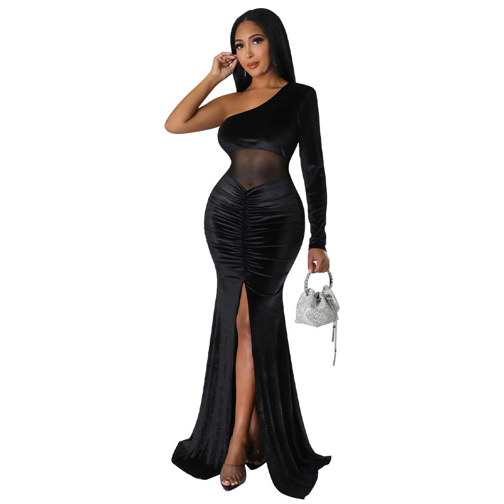Women's Diagonal Collar Fold Split Solid Color Dresses