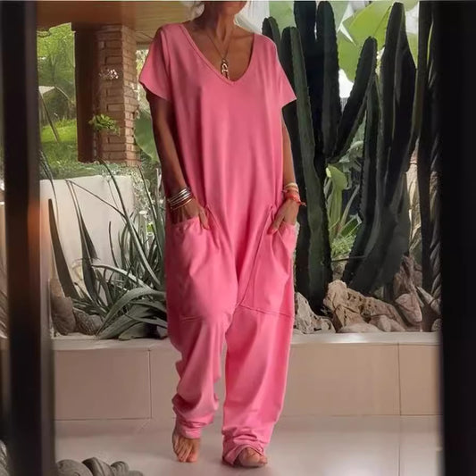 Women's Summer Solid Color Oversized Pocket Jumpsuits