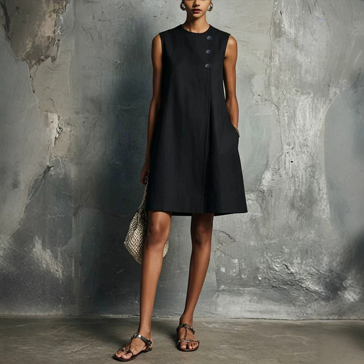 Women's Blended Round Neck Asymmetric Button Side Dress