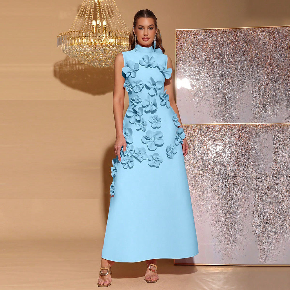 Women's Line Long Summer Patchwork Stand-up Collar Dresses