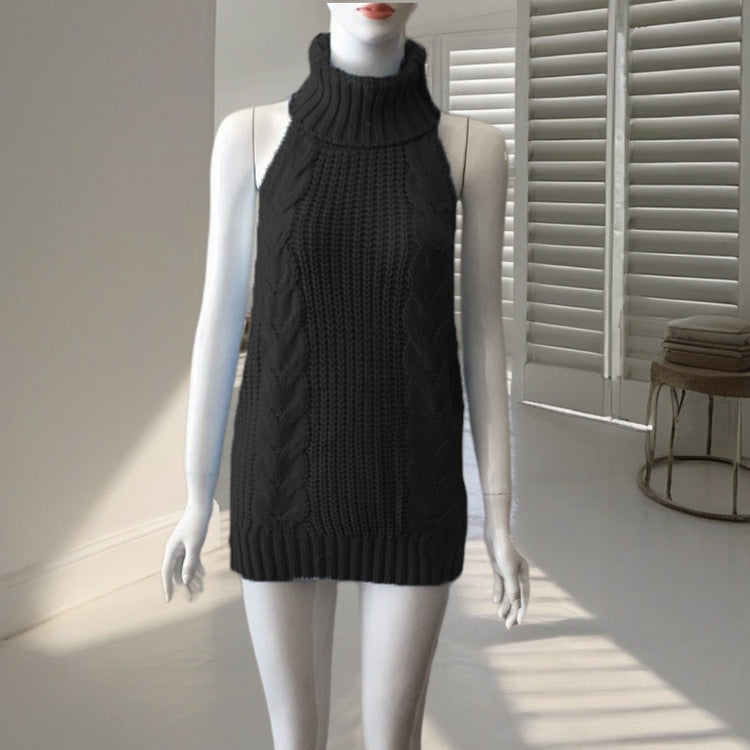 Spring Sexy Backless Turtleneck Sleeveless Knitted Pullover Women's Sweater