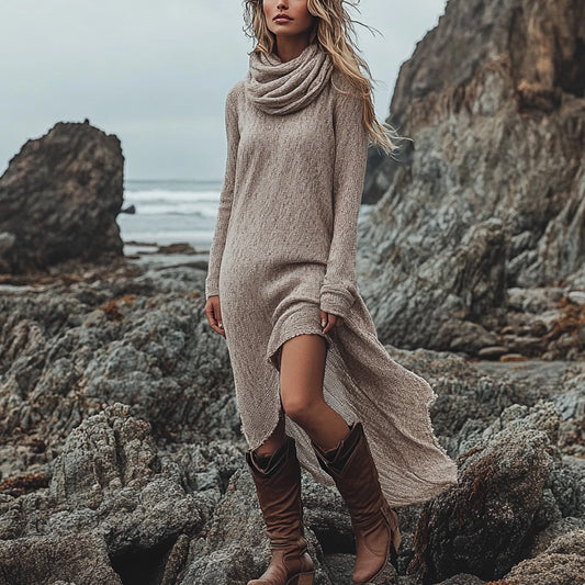Fashion Solid Color Heap Collar Long Dresses