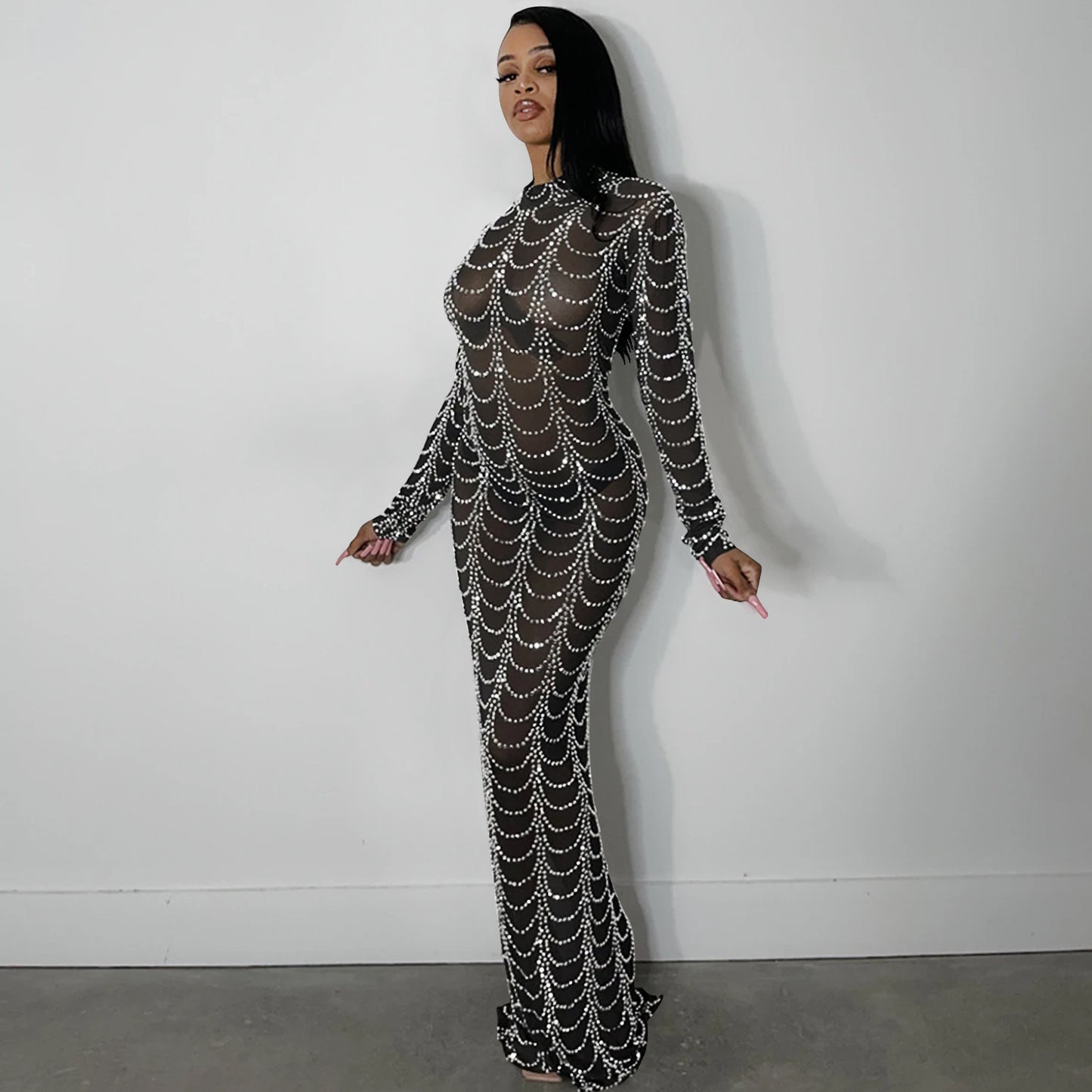 Fashion Sexy Nightclub Hot Rhinestone Mesh Dresses