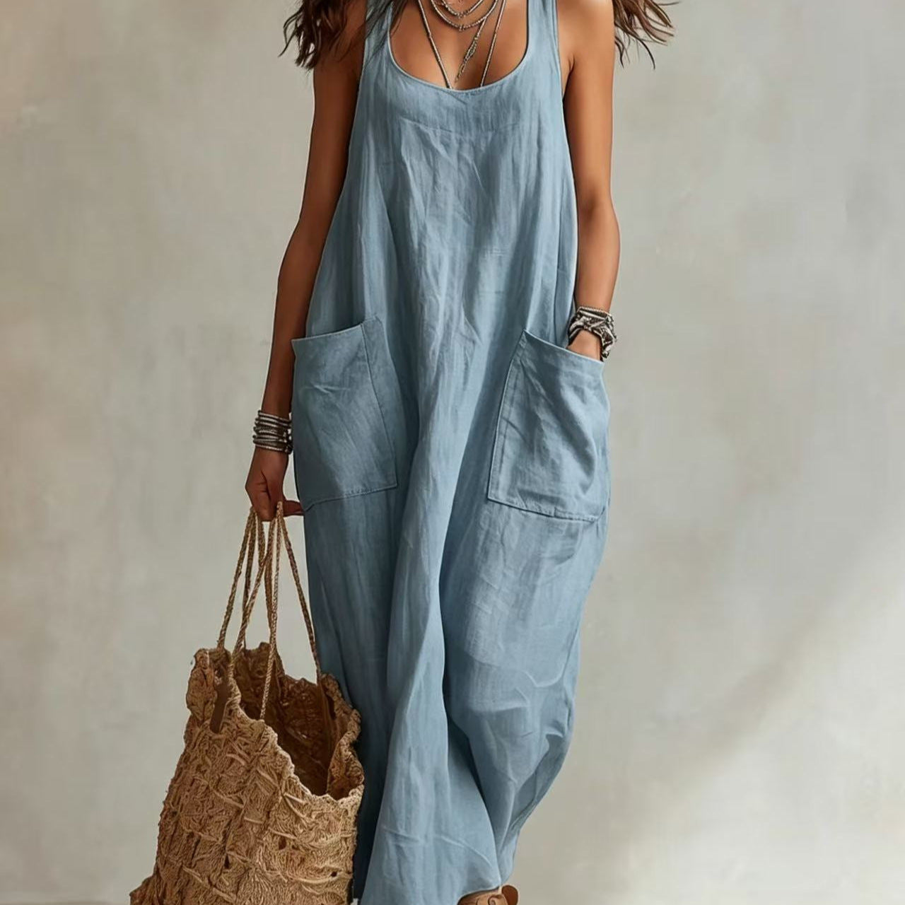 Women's Summer Elegant Casual With Big Pockets Strap Dress