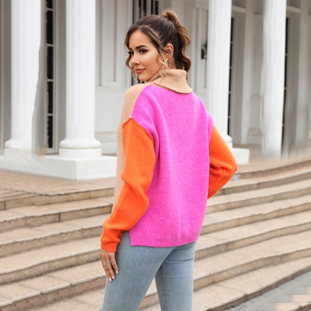 Women's Spring Stitching Fashion Turtleneck Pullover Tide Sweater