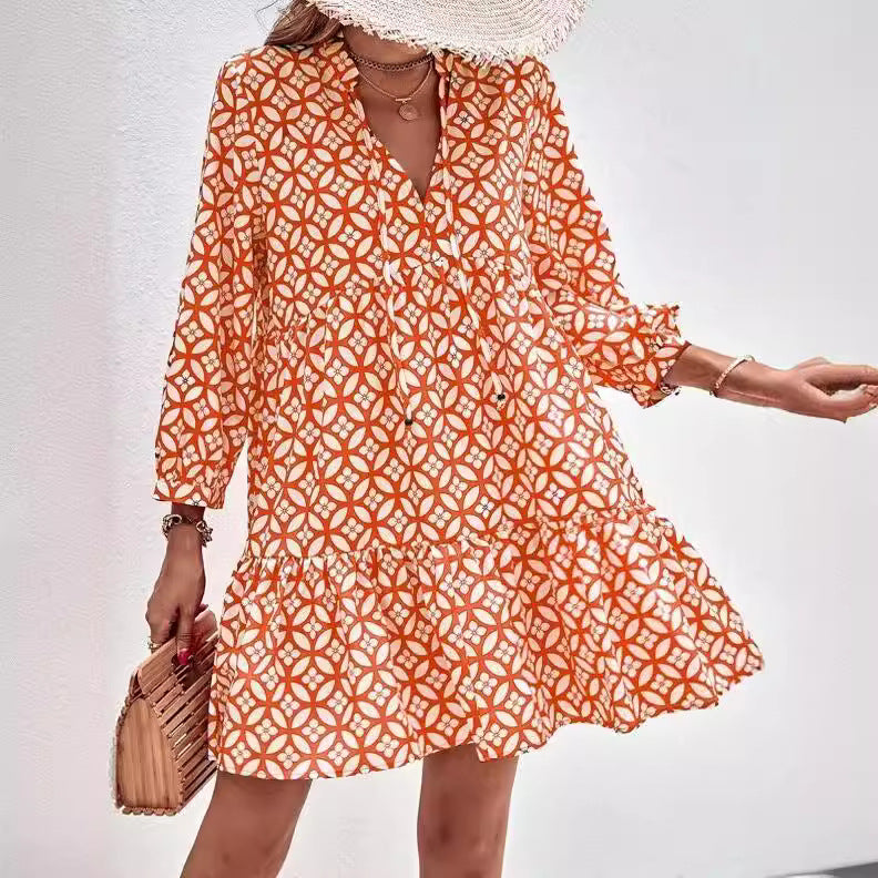 Fresh Printed Temperament Niche Floral Three-quarter Sleeve Dress