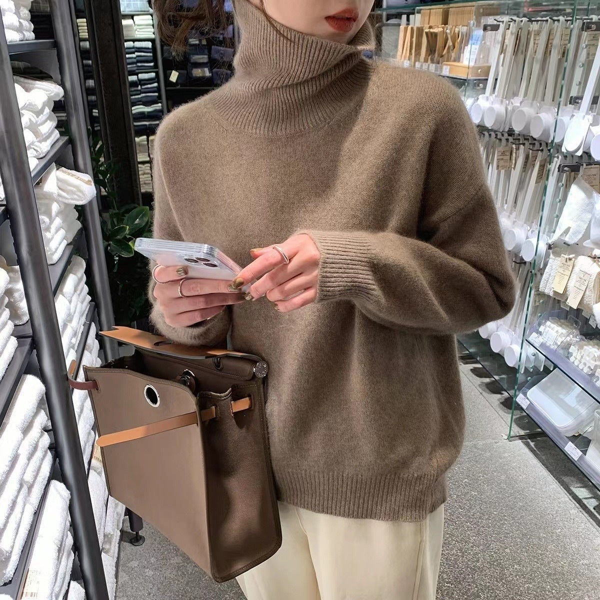 Women's Solid Color Turtleneck Loose Knitted Pullover Lazy Bottoming Sweaters