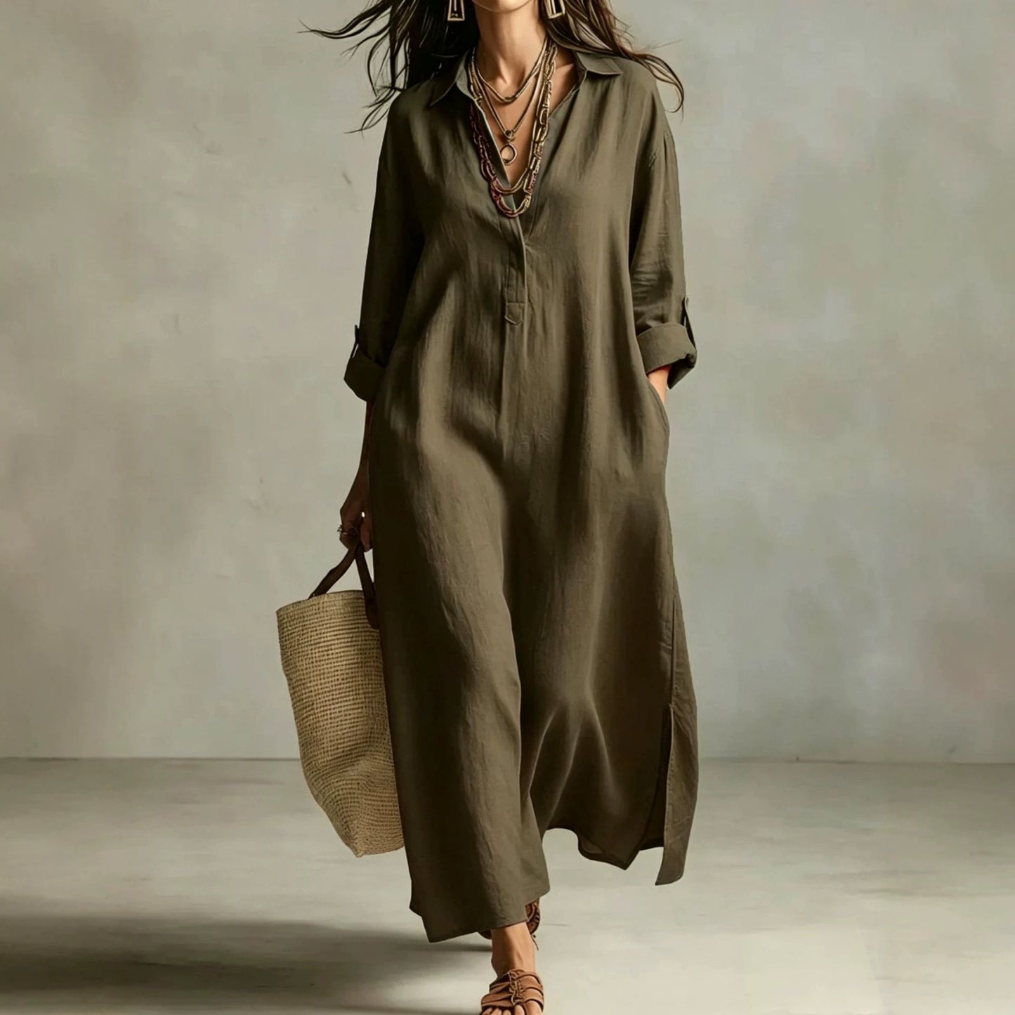 Solid Color Polo Collar Casual Long Sleeve Shirt Idle Dress