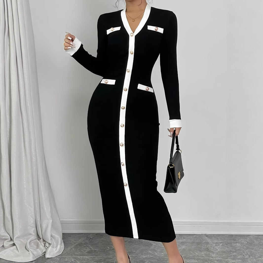 Style Pearl Buckle Slim Long Sleeve Waist Slimming Temperament Sheath Dress