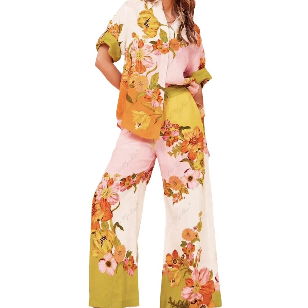 Women's Floral Print Sleeve Color Matching Tether Trousers Fashion Casual Suit