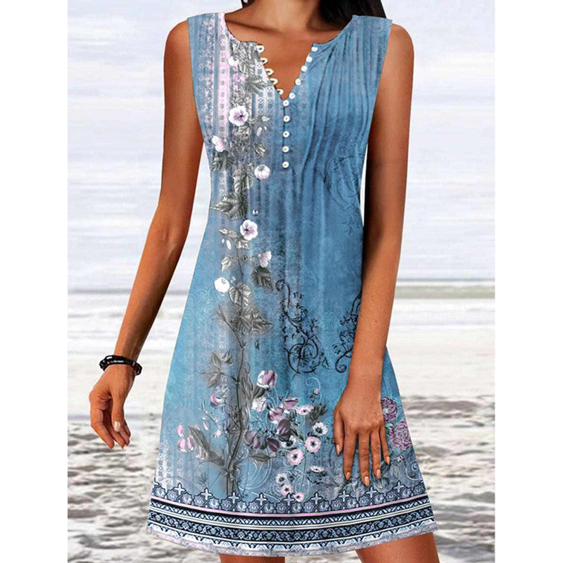 Summer Printed Button Cinched Sleeveless Knitted Dresses