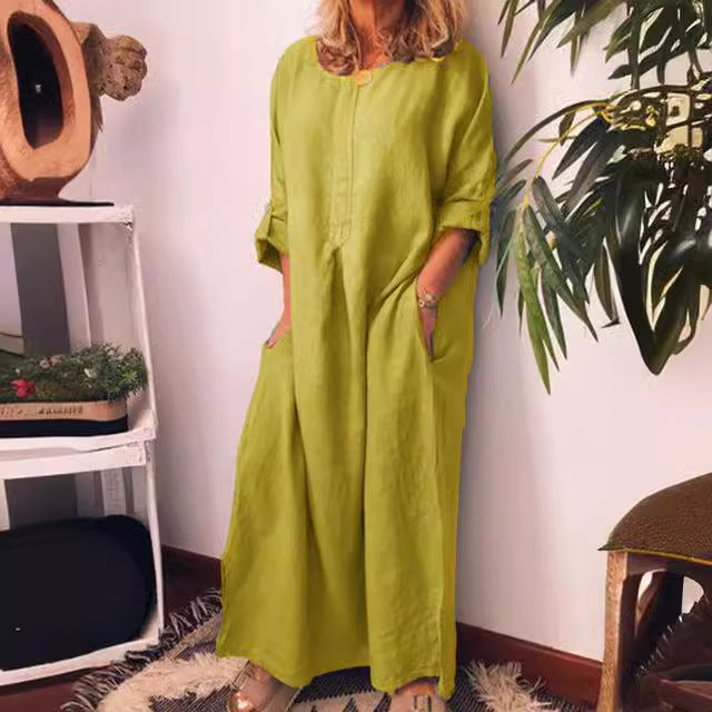 Women's Cotton Linen Solid Color Loose Dress Dresses