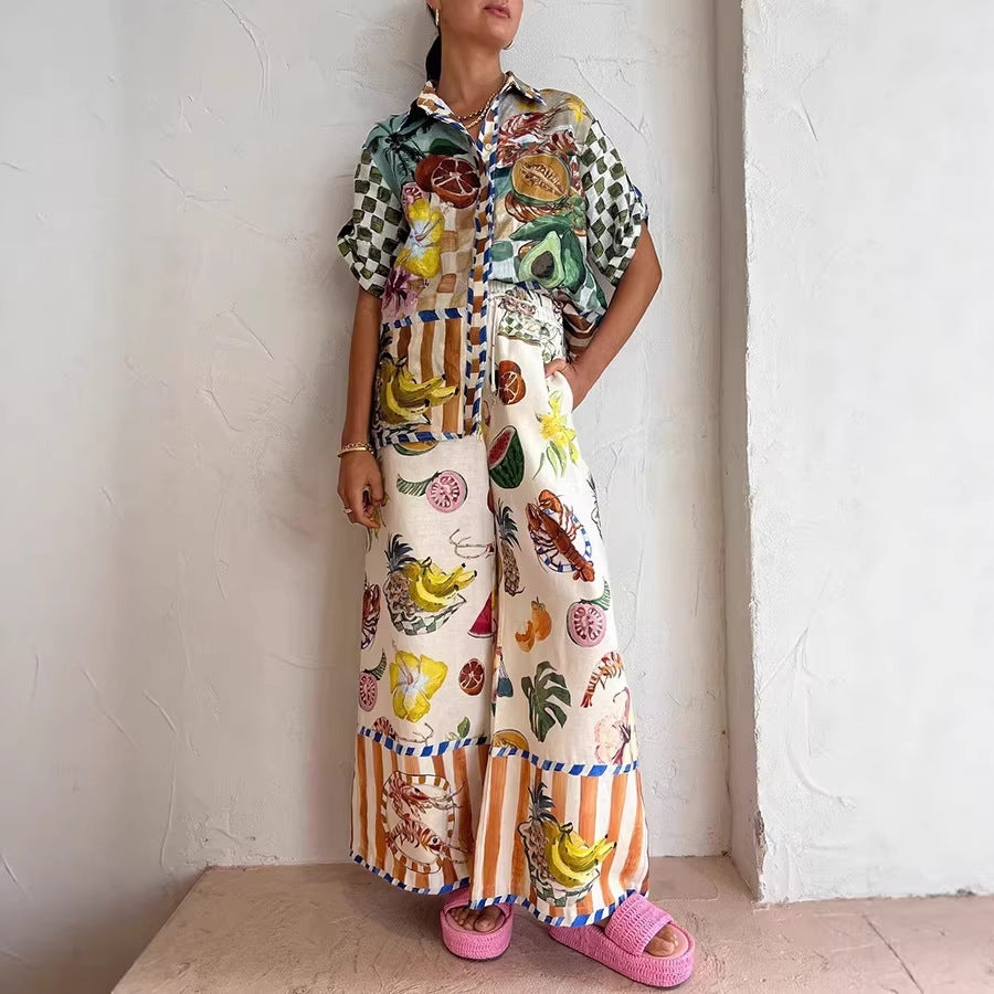 Women's Floral Print Sleeve Color Matching Tether Trousers Fashion Casual Suit