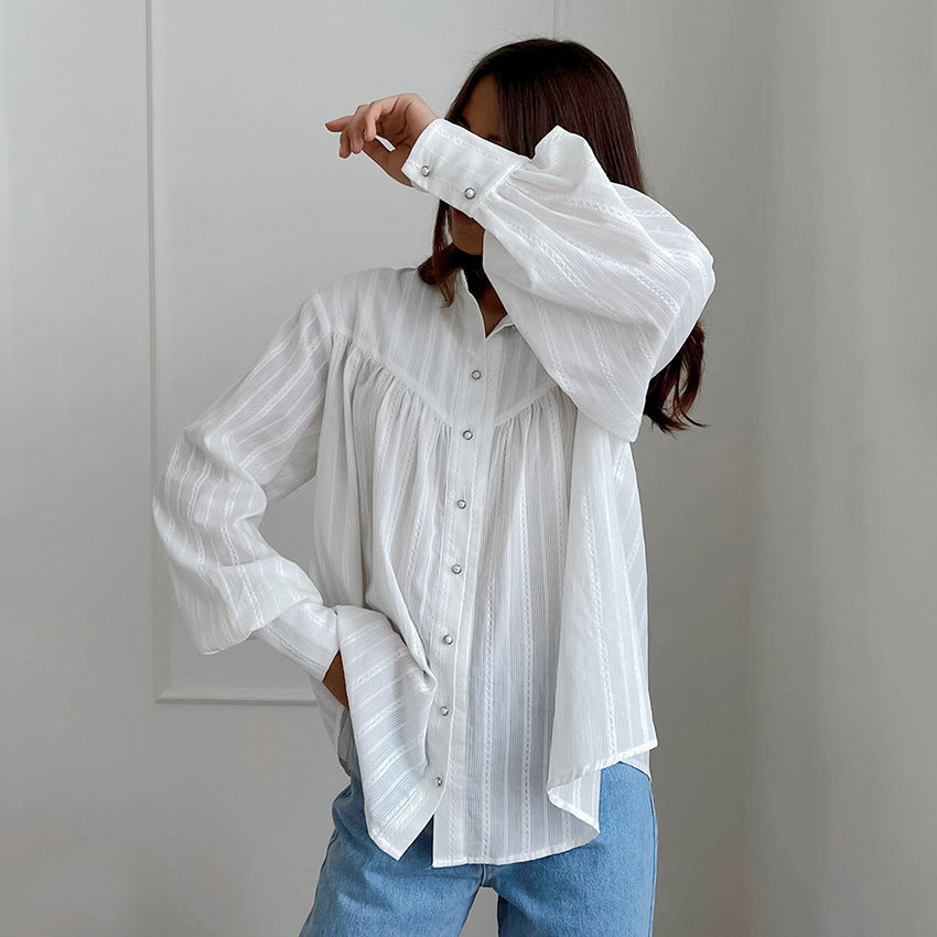 Women's Cotton Jacquard Stand Collar Shirt Loose Blouses