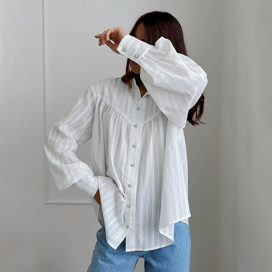 Women's Cotton Jacquard Stand Collar Shirt Loose Blouses