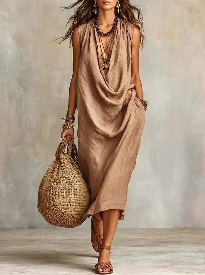 Women's Casual Sleeve Loose Swing Collar Cotton Dress