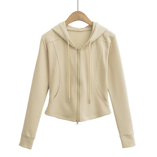 Autumn Fashion Simple Style Double Zipper Hooded Drawstring Tops