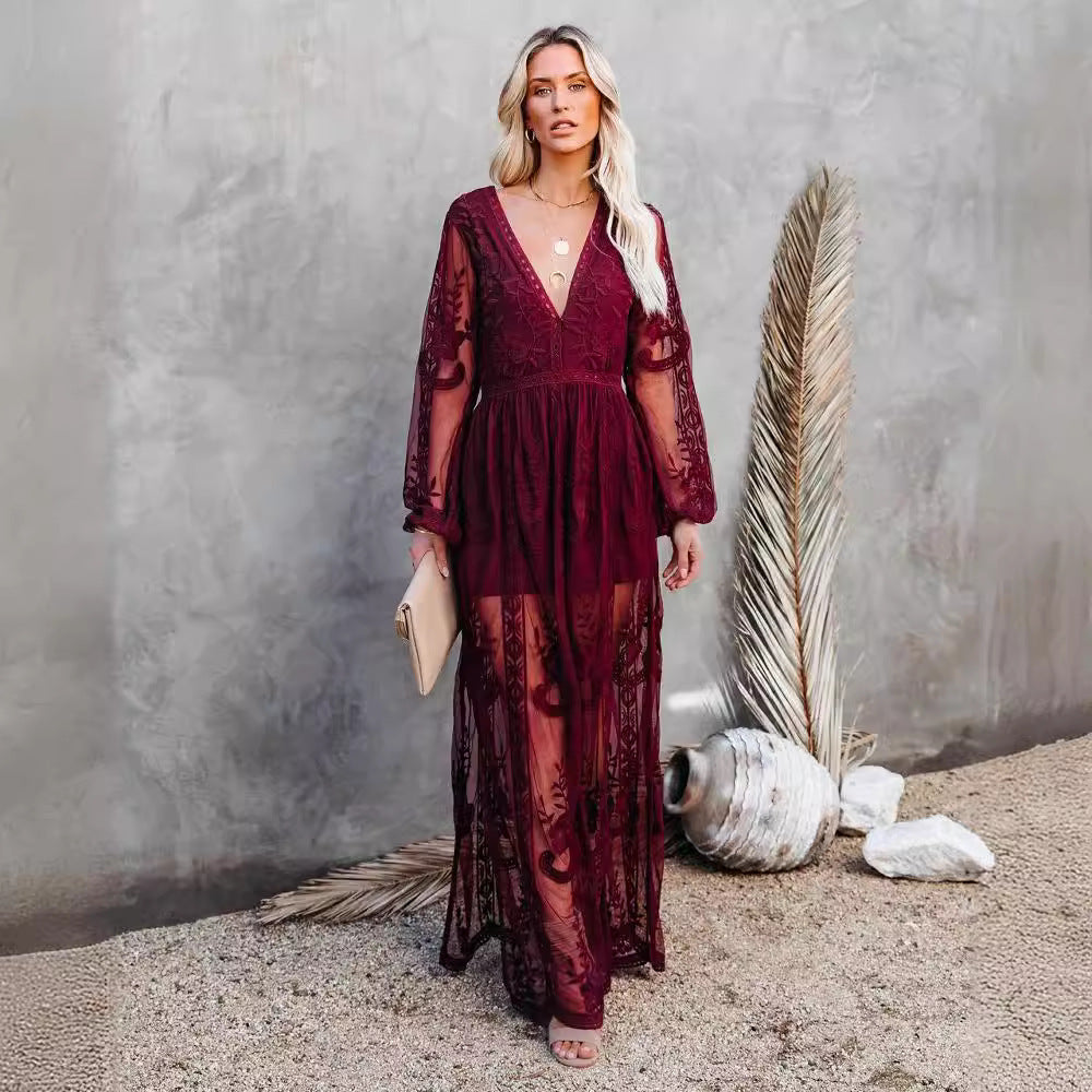 Women's Lace Long Sleeve Solid Color Chiffon Dresses