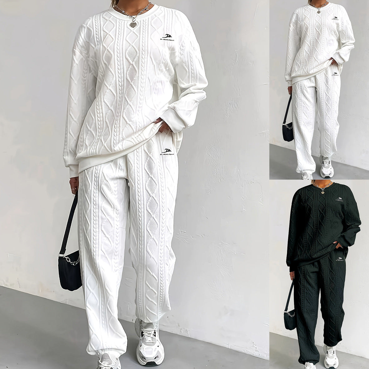 Women's Twist Stitching Long Sleeve Round Neck Trousers Two-piece Fashion Casual Suit