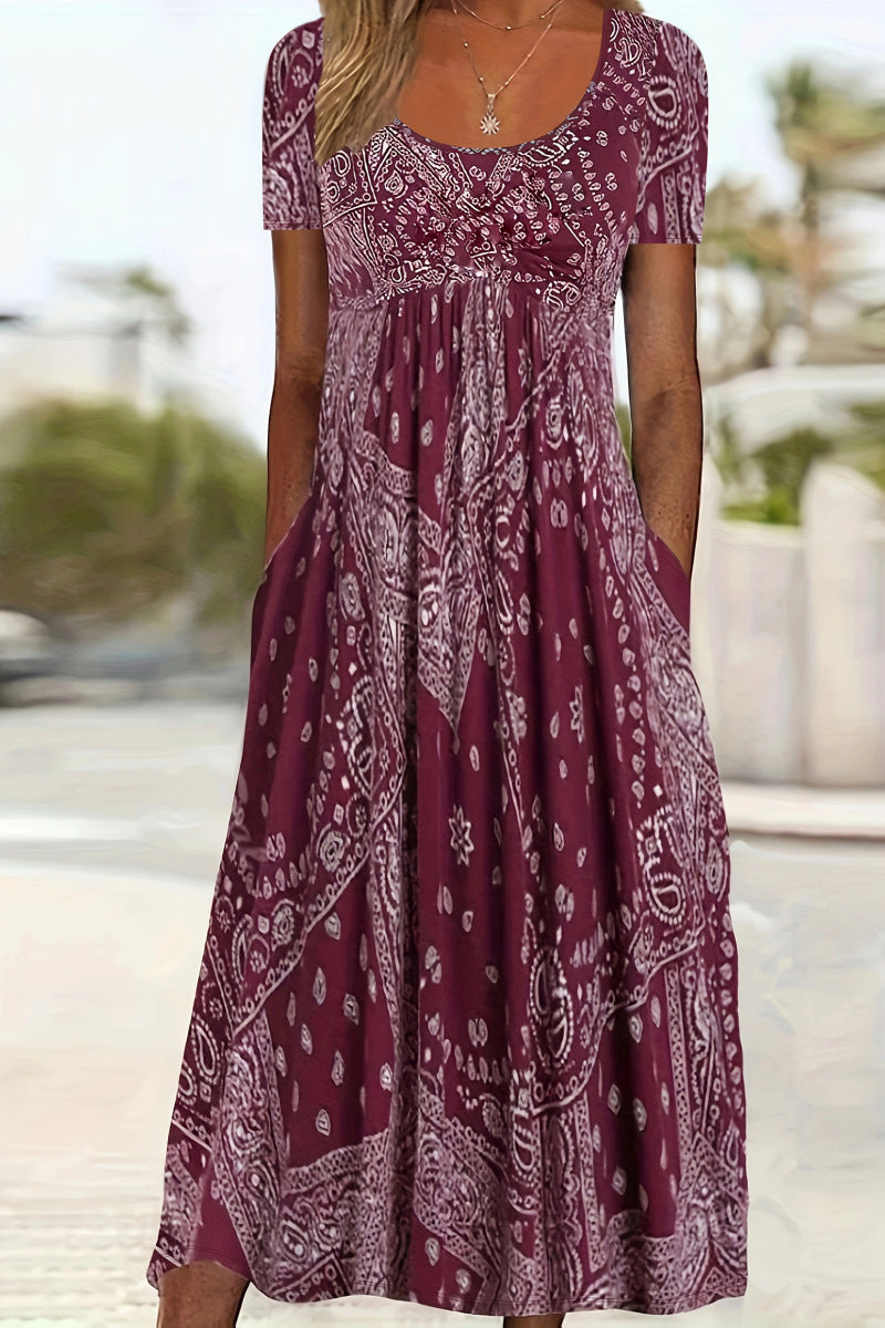 Round Neck Vintage Printed Comfort Casual Style Dress