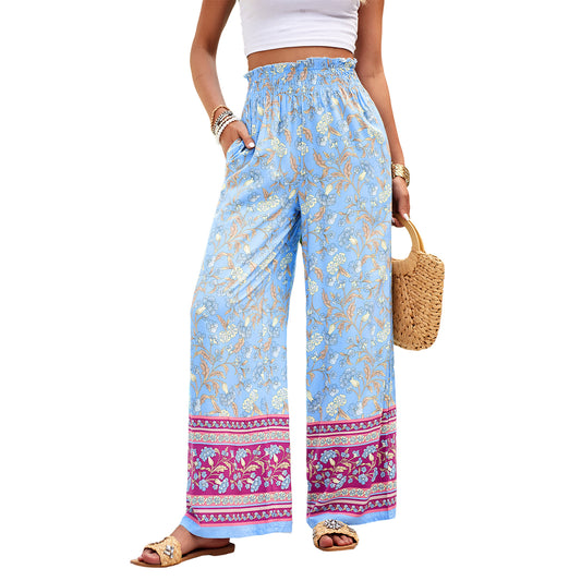 Women's Leisure Printing Color Contrast Smocking Wide Pants