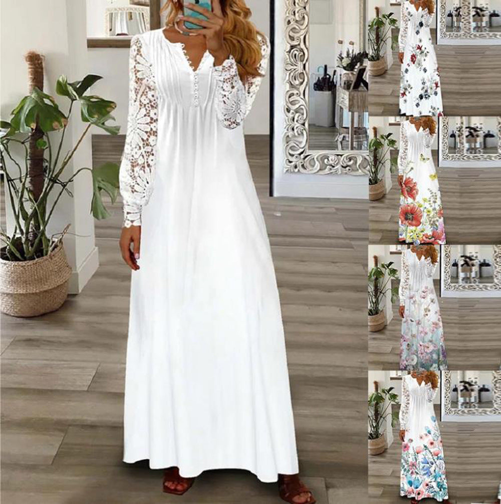 Women's Autumn Fashion Printed Lace Long-sleeved Clothing