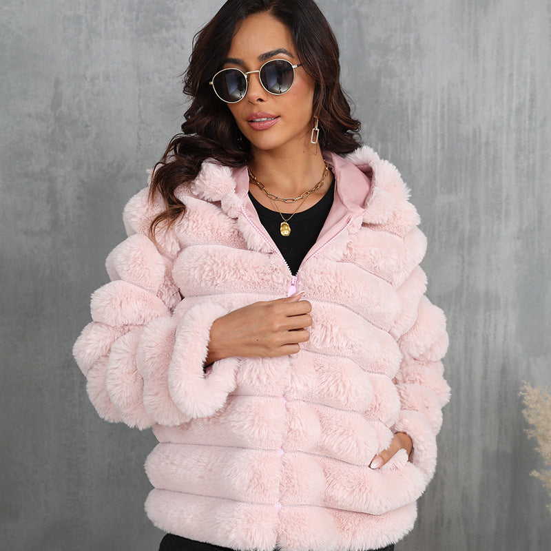 Women's Striped Hooded Imitation Fur Cropped Plush Coats